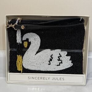 Sincerely Jules SWAN Beaded Wristlet Clutch BLACK WHITE Zip Close NEW IN BOX
